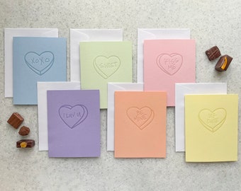 Letterpress Greeting Card Set 6 Valentine Conversation Heart Cards with minimal illustrations
