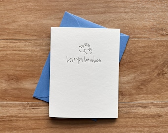Love you bunches pun letterpress card with minimal blueberry illustration