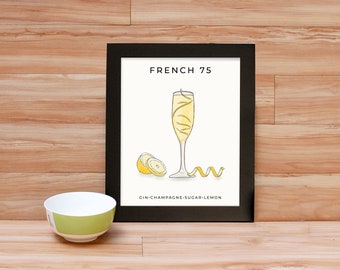 French 75 Cocktail Illustrations, Drinks Print, Signature Cocktail Sign, Wedding Decor, Watercolor Cocktails