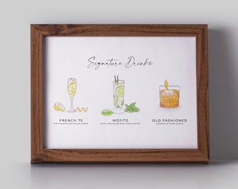 Custom Signature Cocktail Illustration, Made to Order Drinks Print, Signature Cocktail Sign, Wedding Decor, Watercolor Cocktails