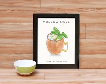 Moscow Mule Cocktail Illustrations, Drinks Print, Signature Cocktail Sign, Wedding Decor, Watercolor Cocktails