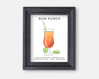 Rum Punch Cocktail Illustrations, Drinks Print, Signature Cocktail Sign, Wedding Decor, Watercolor Cocktails