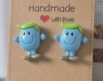Handmade Mr. Men Earrings: Blue Character Studs, Nostalgic Gift