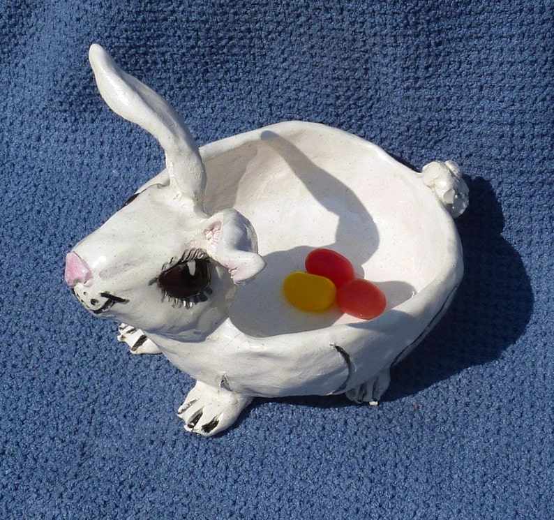 Lucky bunny rabbit 4 intact rabbit feet: Soap or jewelry trinket,dish,or spoon rest, handmade in USA from a lump of clay and fired image 4