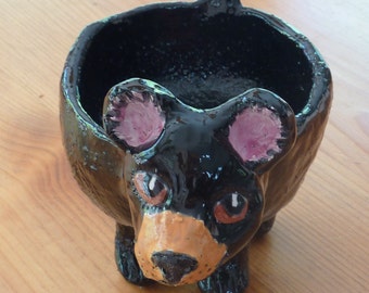 Black Bear bowl dish or trinket holder great gift handmade from a lump of clay  no molds are ever used,ooak