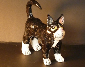 Black and White Happy Cat handmade  in USA from a lump of clay sweet kitty