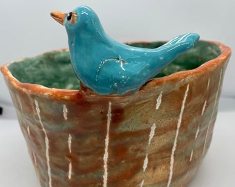Large Blue Bird Sgraffito bowl or planter