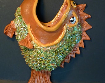 Something Fishy wall pocket, Handmade in USA from a lump of clay, fish wall hanging Vase. Large size.