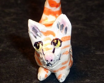 Miniature orange striped tabby cat handmade from a lump of clay  kiln fired original