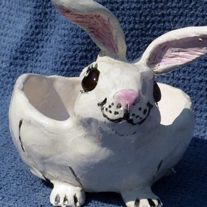 Lucky bunny rabbit 4 intact rabbit feet: Soap or jewelry trinket,dish,or spoon rest, handmade in USA from a lump of clay and fired image 6