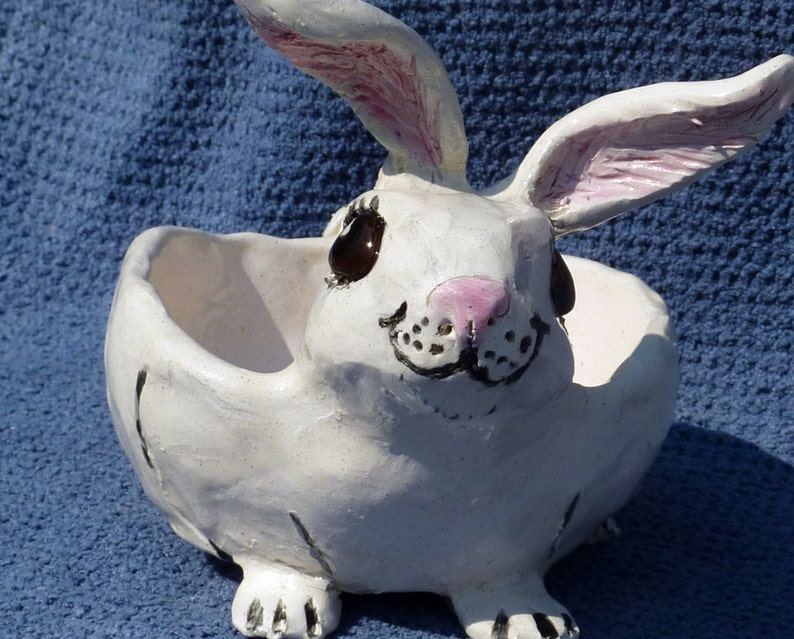 Lucky bunny rabbit 4 intact rabbit feet: Soap or jewelry trinket,dish,or spoon rest, handmade in USA from a lump of clay and fired image 6