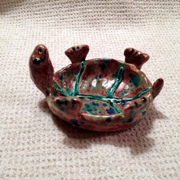 Sweet little turtle bowl, tea bag or  jewelry holder holder handmade in us from a lump of clay