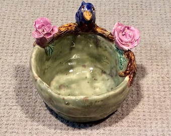 Little Bird and rose bowl handmade in US from a lump of clay