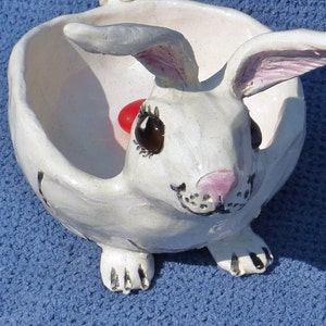 Lucky bunny rabbit 4 intact rabbit feet: Soap or jewelry trinket,dish,or spoon rest, handmade in USA from a lump of clay and fired image 2