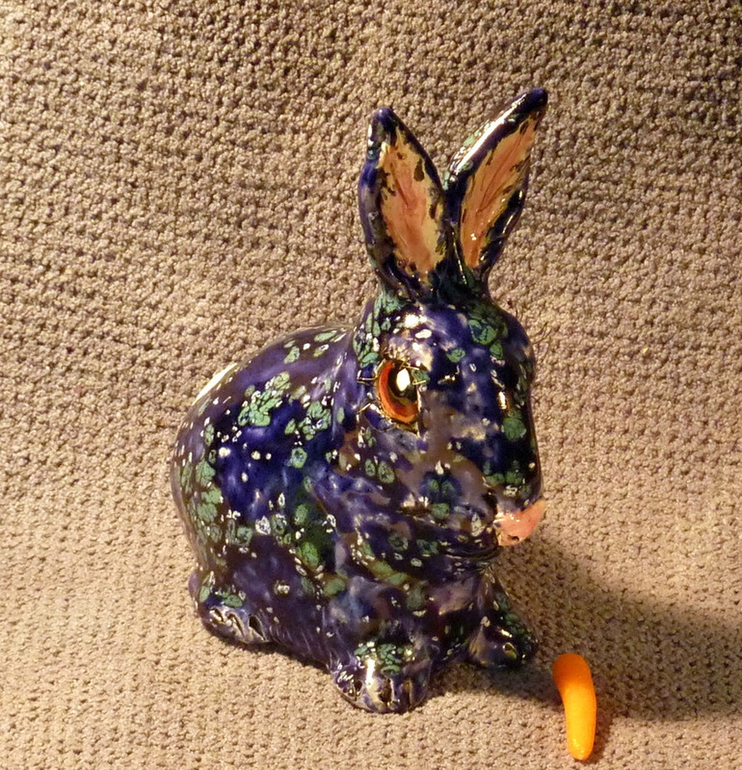 Art Pottery Rabbit Cobalt Blue Lucky Rabbit Hand Built With Wire ...