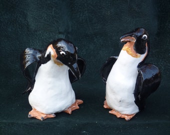 Set of 2. Adorable Penguin. Custom handmade in USA from a lump of clay not a mold, than fired in a kiln.