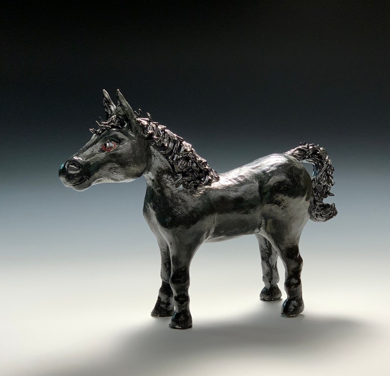 Horse made in USA from a lump of clay not a mold. Unique gun metal glaze Sold by the Artist, or get a custom made one of your horse image 1