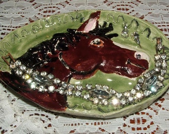 Horse dish handmade in the USA from a lump of clay totally unique