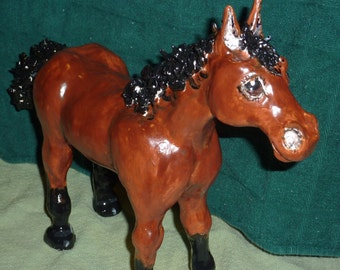 Big Bay One of a Kind Horse, ready for adoption.made from a lump of clay in USA full of personality custom orders welcome