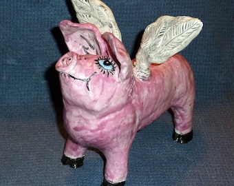 Big blue eyed Flying Pig crackle glaze handmade in U.S. sold by outsider Artist