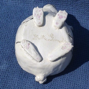 Lucky bunny rabbit 4 intact rabbit feet: Soap or jewelry trinket,dish,or spoon rest, handmade in USA from a lump of clay and fired image 5