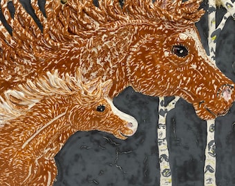 May include: A brown and white relief sculpture of a horse and foal against a dark gray background. The horse's mane and the foal's fur are textured. White and gray birch trees are painted on the right side. A natural fiber cord is attached for hanging.