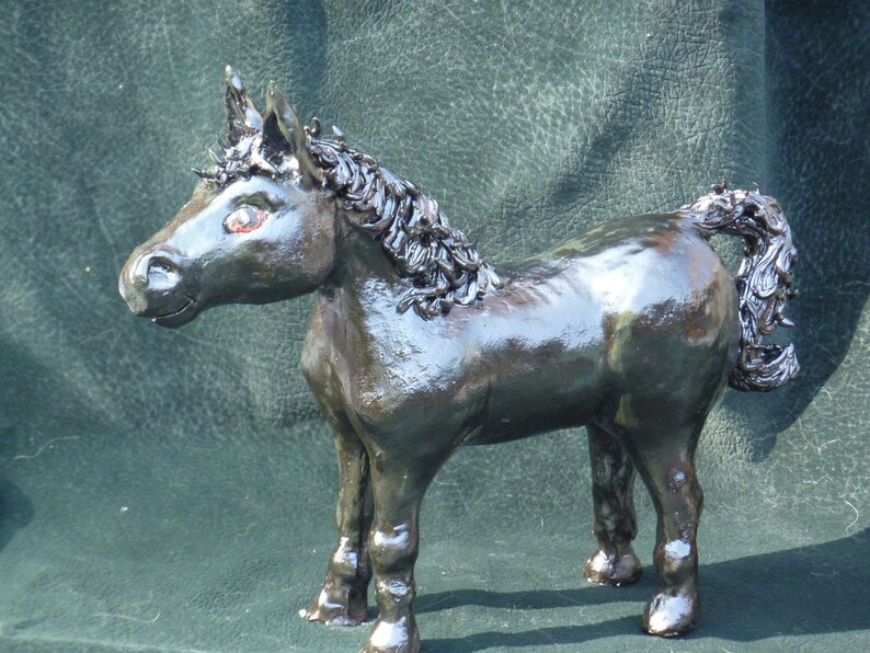 Horse made in USA from a lump of clay not a mold. Unique gun metal glaze Sold by the Artist, or get a custom made one of your horse image 5