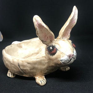 Lucky bunny rabbit 4 intact rabbit feet: Soap or jewelry trinket,dish,or spoon rest, handmade in USA from a lump of clay and fired image 1