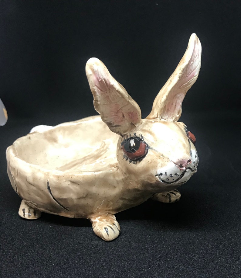 Lucky bunny rabbit 4 intact rabbit feet: Soap or jewelry trinket,dish,or spoon rest, handmade in USA from a lump of clay and fired image 1