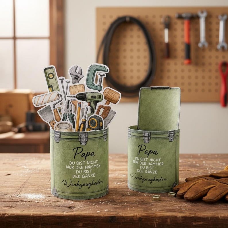 Puede incluir: Dos cajas de herramientas verdes con la palabra "Papa" y texto en alem&aacute;n. Una caja de herramientas est&aacute; llena de pegatinas de herramientas. La otra caja de herramientas tiene la tapa abierta. El texto en la caja de herramientas dice "DU BIST NICHT NUR DER HAMMER DU BIST DER GANZE Werkzeugkasten."