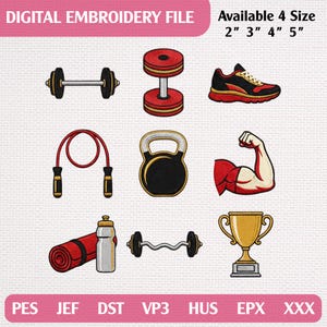 May include: A digital embroidery file featuring fitness icons: a barbell, dumbbell, running shoe, jump rope, kettlebell, flexed bicep, yoga mat, water bottle, curl bar, and trophy. Text reads: DIGITAL EMBROIDERY FILE Available 4 Size 2" 3" 4" 5".