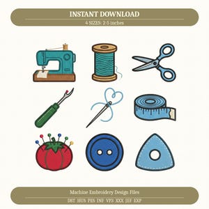 Sewing Embroidery Design Bundle, 9 Craft Icons Machine Embroidery Files, 4 Sizes, PES DST JEF, Sewing Machine Scissors Thread