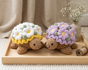 Patrón de amigurumi de tortuga margarita a crochet, tutorial de peluche de tortuga flor (descarga en PDF)