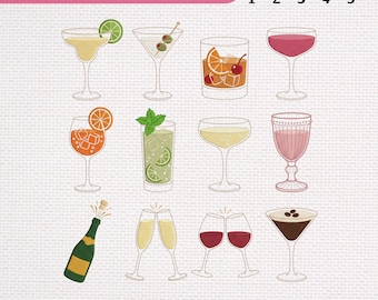 Paquete de bordado de cócteles / Diseños de bordado de iconos de bebidas en miniatura, archivos de Martini, Margarita, Champagne, Vino, Espresso y Martini, descarga instantánea
