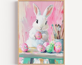 Easter Bunny Painting Eggs Art Print, Cute Spring Rabbit Illustration, Pastel Kids Room Decor, Nursery Wall Art, Printable Digital Download