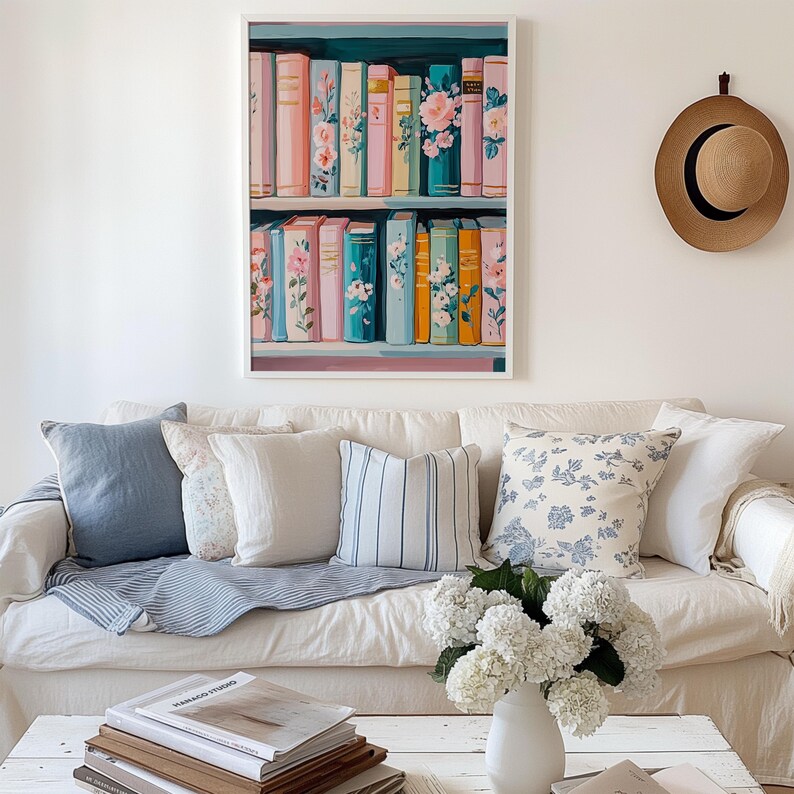Pastel Floral Bookshelf Art Print – Colorful Book Lover Decor, Cottagecore Library Painting, Cozy Reading Wall Art, Digital Download image 11