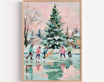 May include: A framed winter scene painting depicts children ice skating near a decorated Christmas tree. The artwork features a snowy landscape with a pink and blue sky, a dog, and a village in the background. The painting is in a wooden frame.
