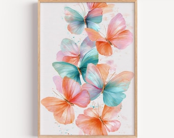 Arte mural de mariposas pastel, pintura de mariposas en acuarela, impresión de insectos bohemios, decoración primaveral colorida, obra de arte digital descargable