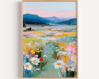Pastel Wildflower Meadow Wall Art, Floral Landscape Painting, Mountain Field Printable, Spring Nature Decor, Cottagecore Art