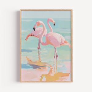Pink Flamingo Wall Art, Coastal Bird Painting, Tropical Beach Print, Pastel Ocean Decor, Modern Seaside Digital Download Artwork