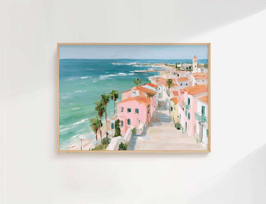 Pastel Mediterranean Coastal Town Wall Art, European Seaside Village ...