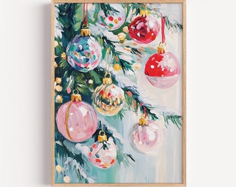 Colorful Christmas Ornament Wall Art | Holiday Tree Print | Red Pink Bauble Painting | Modern Festive Digital Download | Winter Decor
