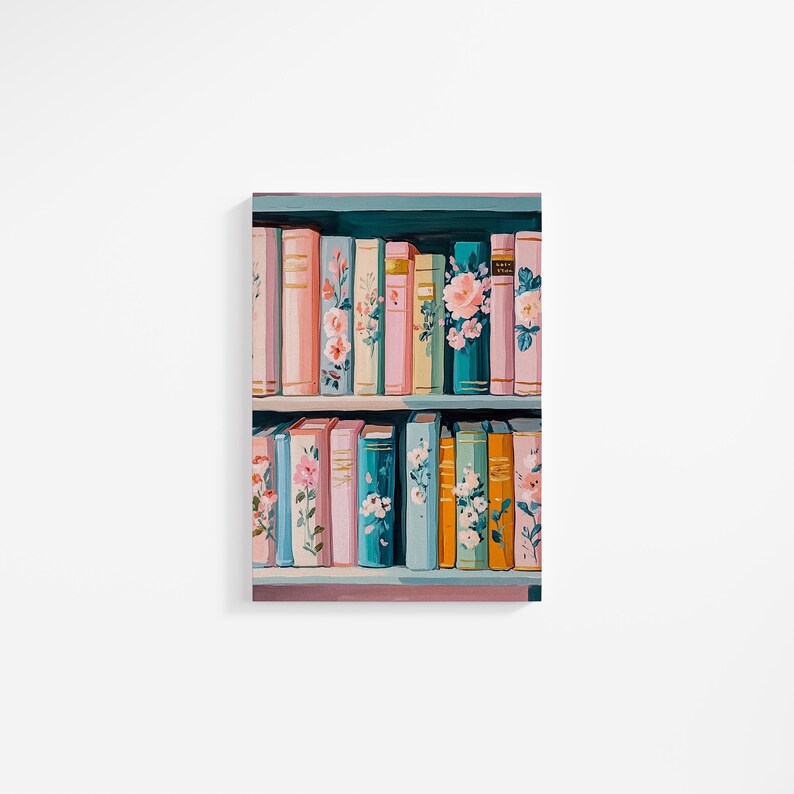Pastel Floral Bookshelf Art Print – Colorful Book Lover Decor, Cottagecore Library Painting, Cozy Reading Wall Art, Digital Download image 10