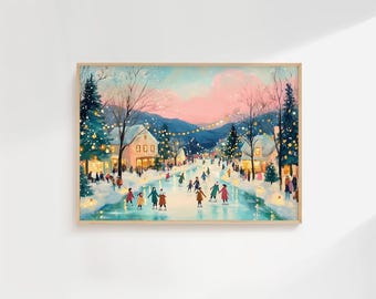Puede incluir: Una pintura de acuarela enmarcada representa una escena invernal de una plaza con gente patinando sobre hielo. La obra de arte presenta una paleta de colores suaves de azules, rosas y verdes, con luces parpadeantes que adornan árboles y edificios. La pintura está en un marco de madera.