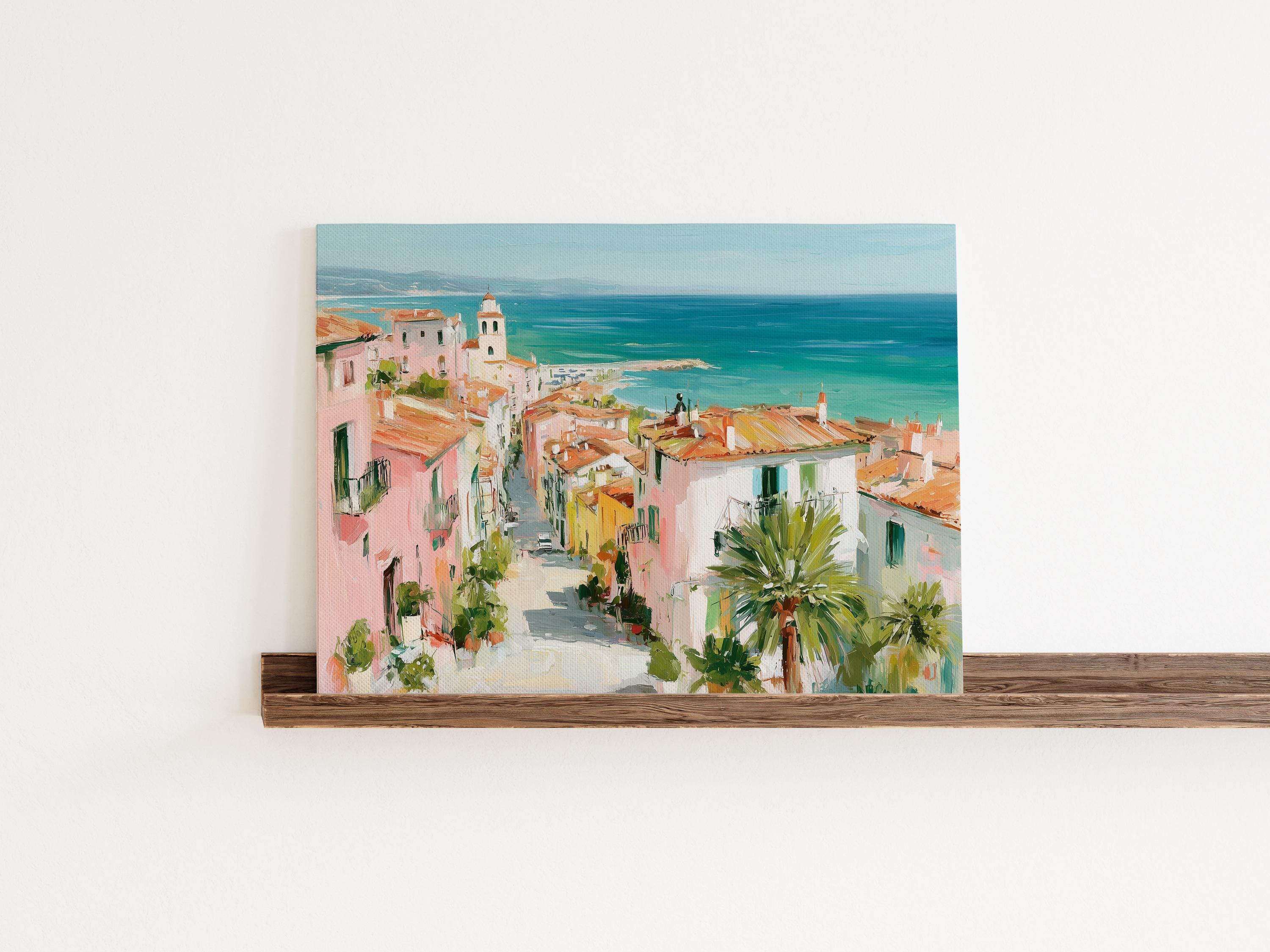 Pastel Coastal Village Art Print – Mediterranean Seaside Town, Colorful ...