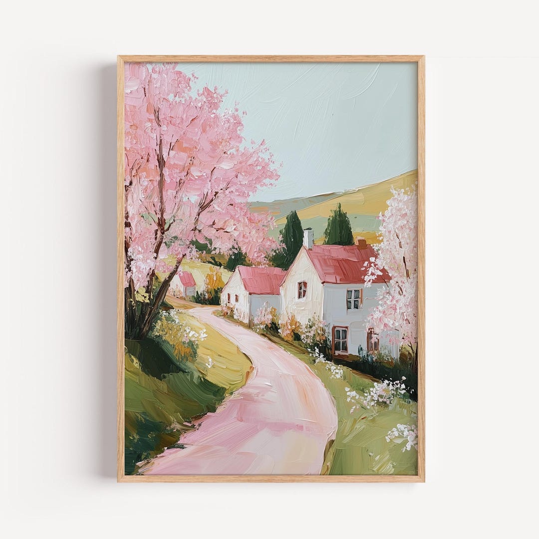 Spring Countryside Wall Art – Pastel Cottage Landscape Print, Pink ...