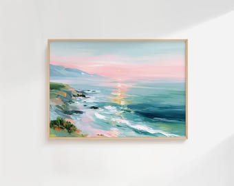 Pastel Ocean Sunset Wall Art, Coastal Seascape Painting, Soft Pink Sky Printable, Beach House Decor, Serene Coastal Art