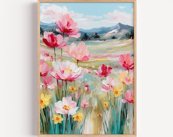 Pastell Wildblumen Wiese Wand Kunst | Frühling Blumen Landschaft Gemälde | Rosa Gelbes Blumenfeld Poster | Bunte Natur Digital Download