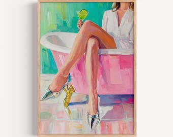 Glam Retro Woman in Vintage Pink Bathtub - Colorful Wall Art, Feminine Bath Scene Print, Relaxing Spa Decor, Printable Art Download