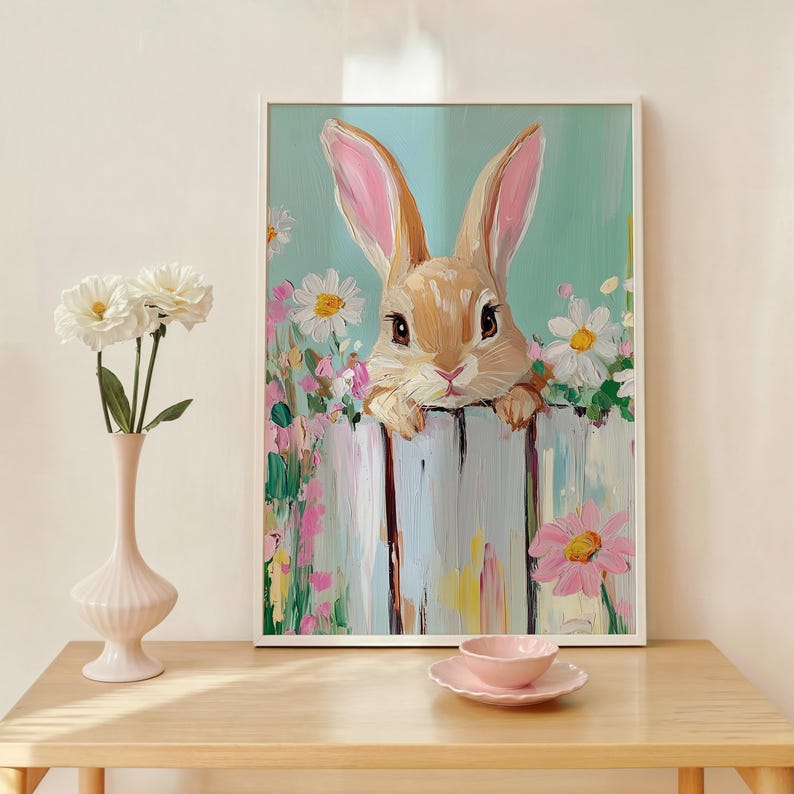 Spring Bunny Wall Art – Cute Easter Rabbit Print With Flowers, Pastel ...